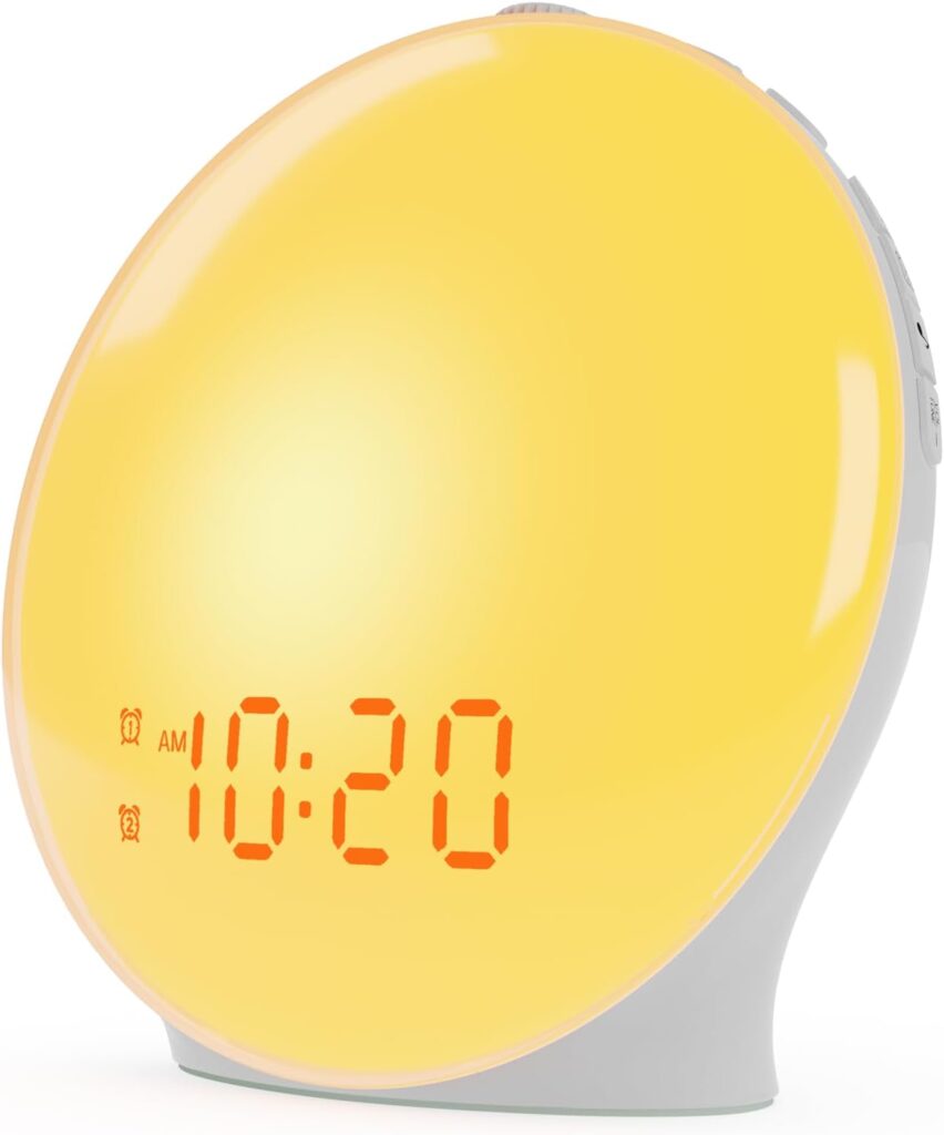 Sunrise alarm clock simulating natural light to wake you gently – best bedroom wake-up gadget 2025