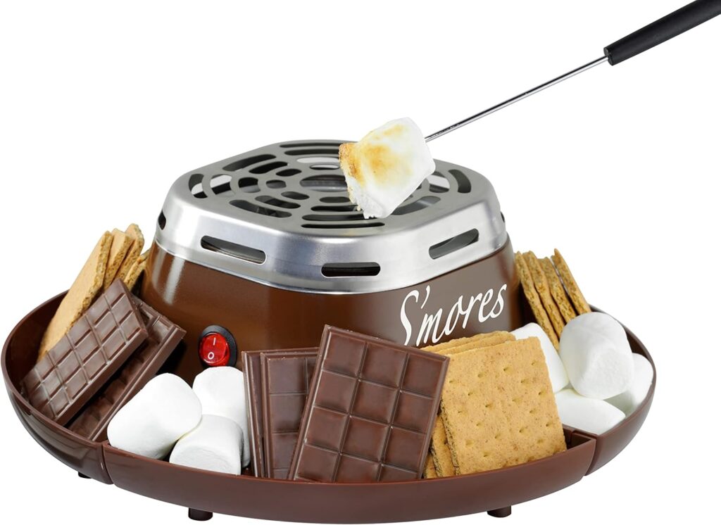 Electric s'mores maker station roasting marshmallows at a backyard party