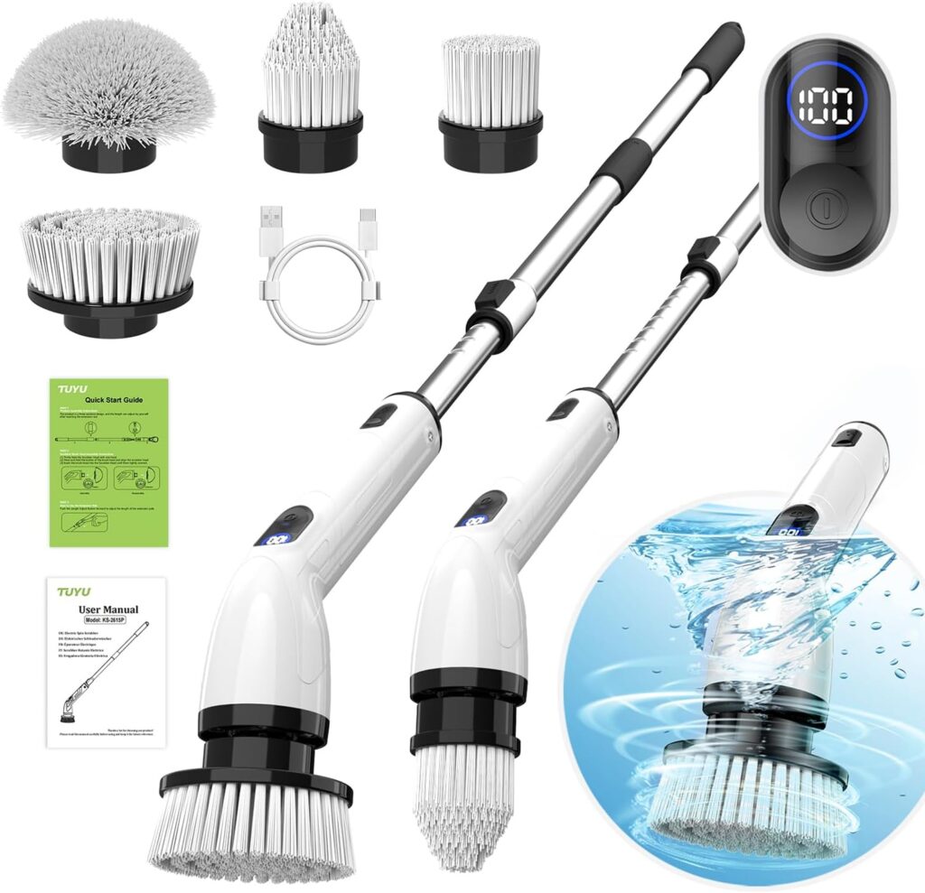 Cordless electric spin scrubber with extension handle for bathroom tiles