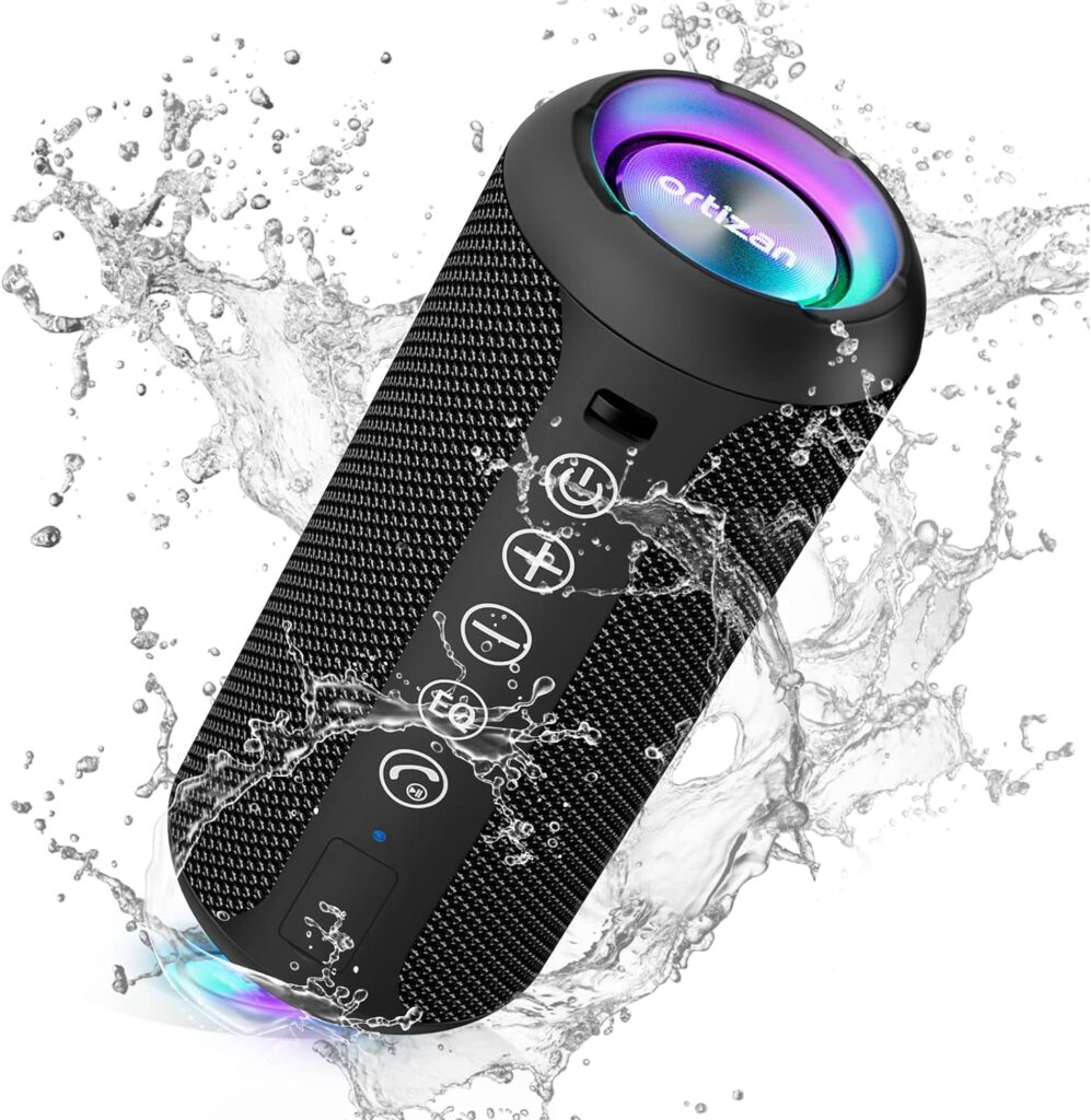 Rugged waterproof Bluetooth speaker playing music at the pool.