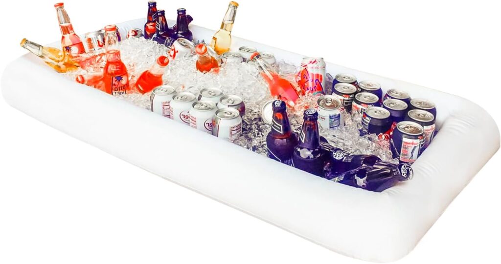 Inflatable ice-filled buffet cooler keeping drinks and snacks cold outdoors