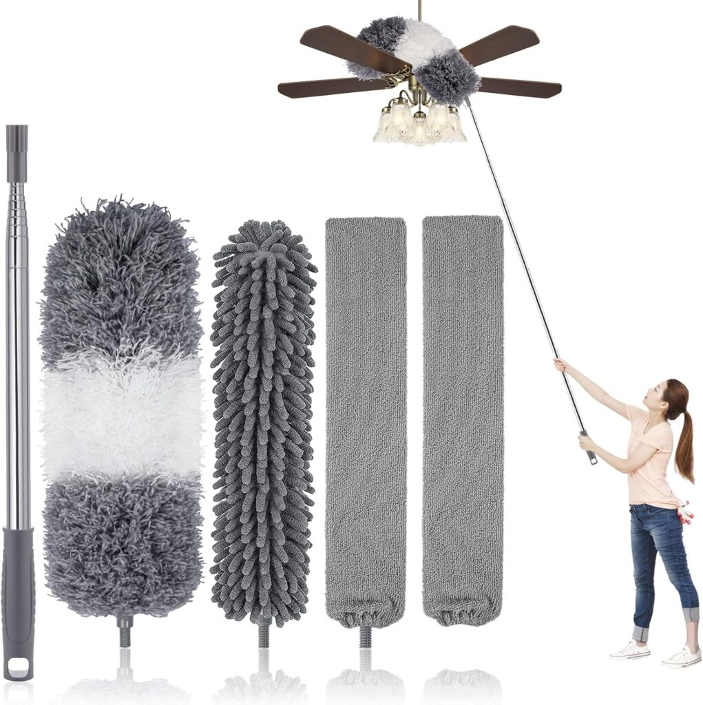 Telescoping microfiber duster with bendable head for hard-to-reach dusting