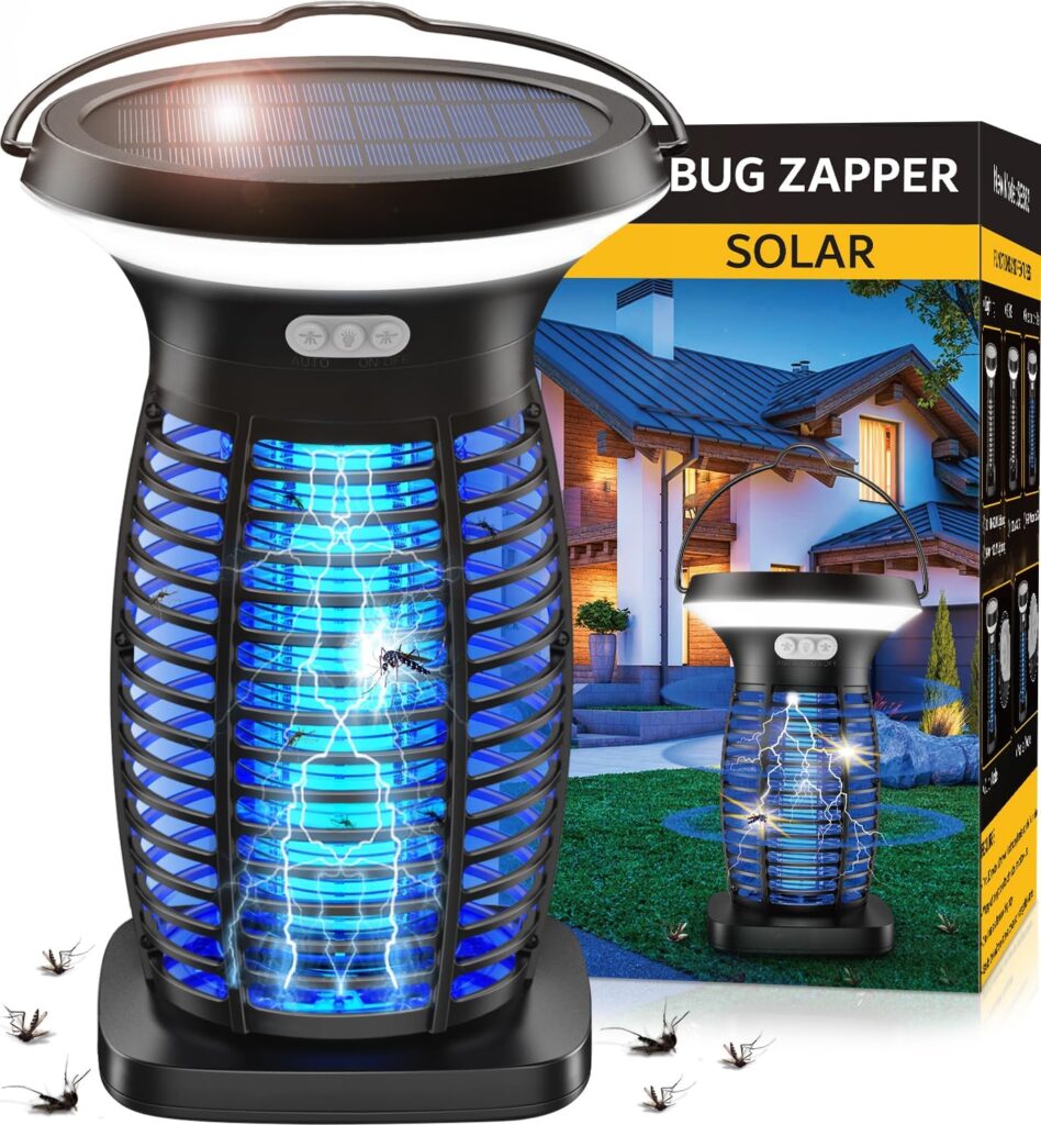 Solar bug zapper lantern protecting guests on a summer deck.