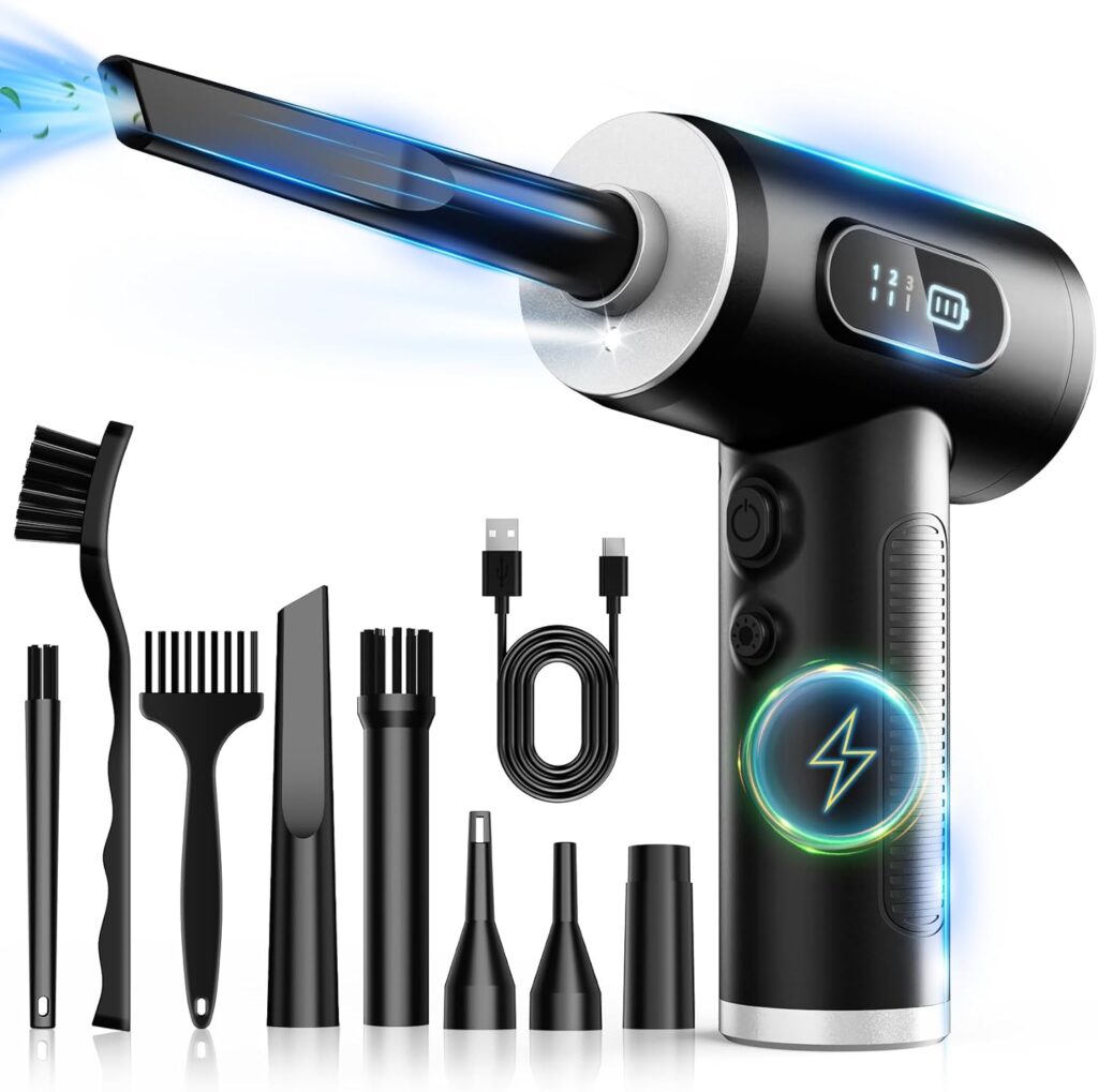 Rechargeable cordless electric air blower for dusting electronics and vents