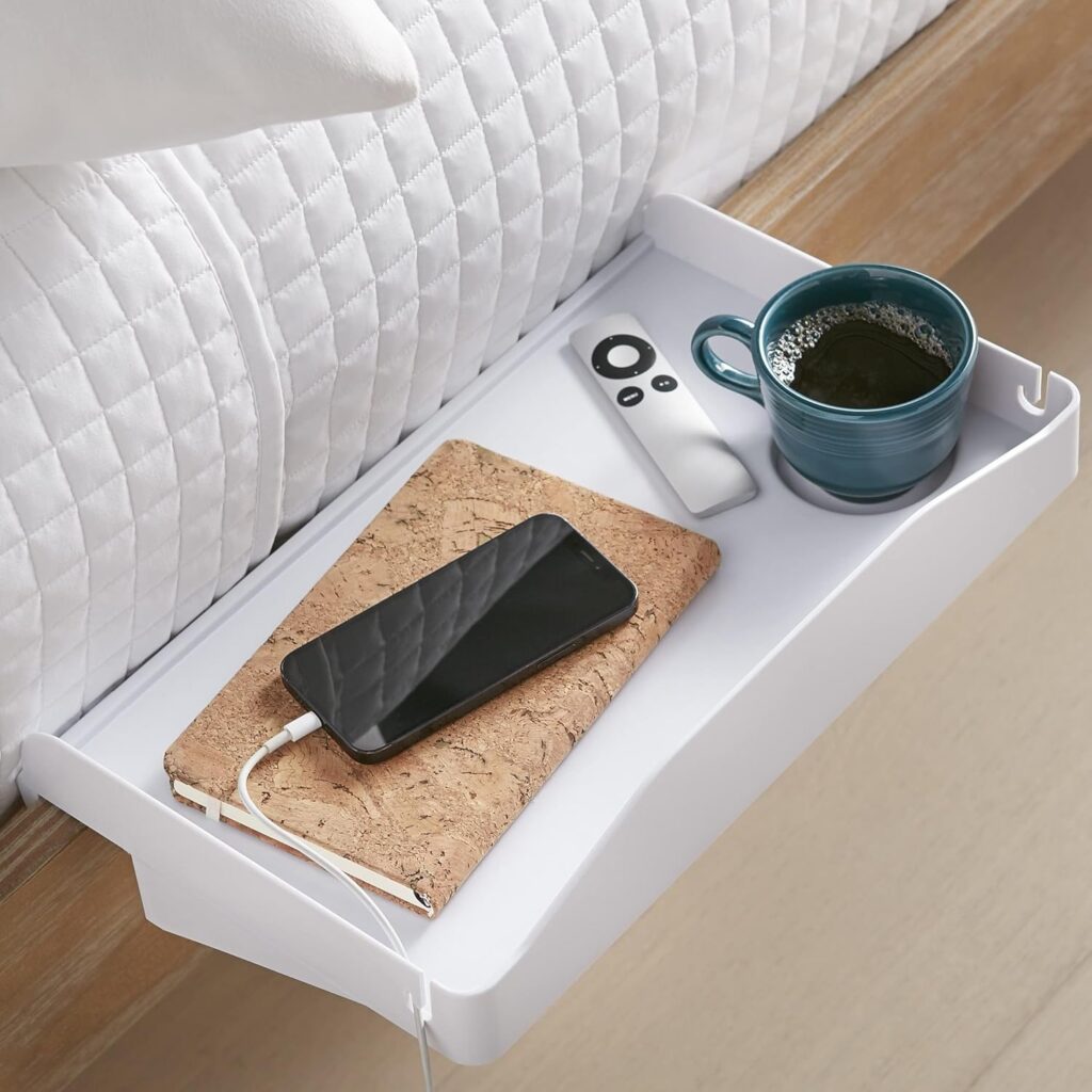 Clamp-on bedside shelf for small bedrooms – laptop, phone, and snack holder