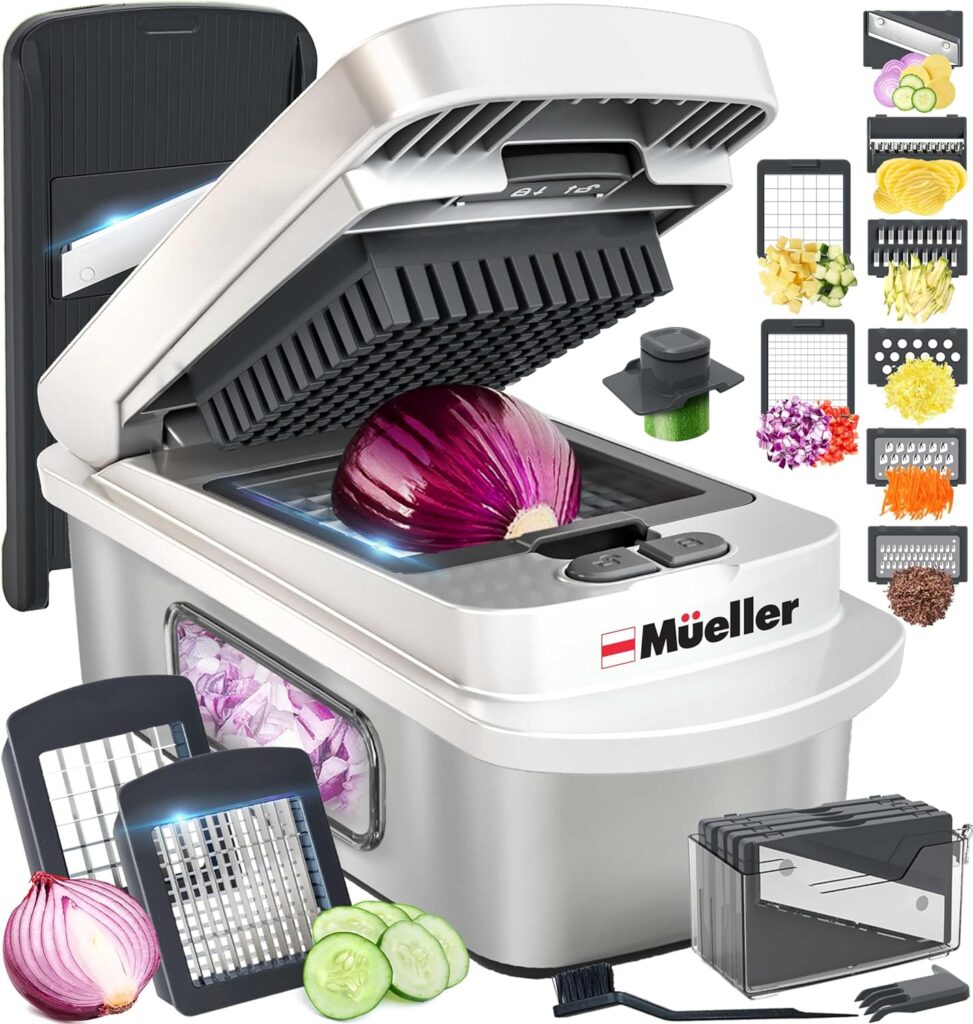Mueller Pro-Series 10-in-1 Mandoline Slicer – stainless steel vegetable cutter with adjustable blades and food prep accessories