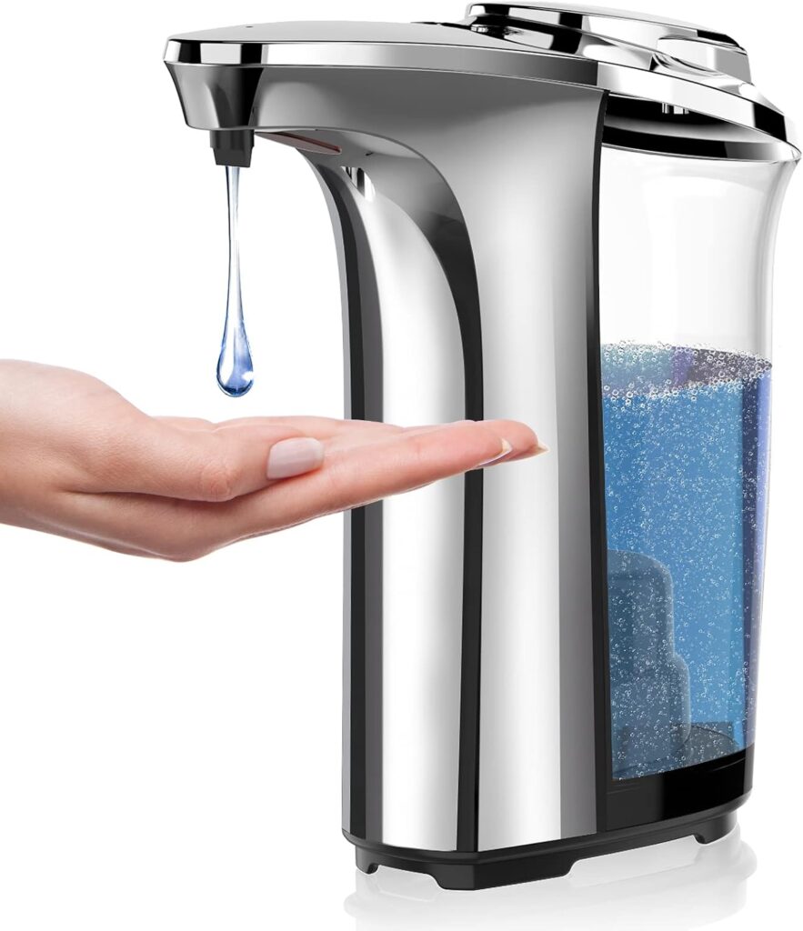 Automatic touchless soap dispenser with adjustable dispensing settings for hands-free hygiene in kitchens and bathrooms