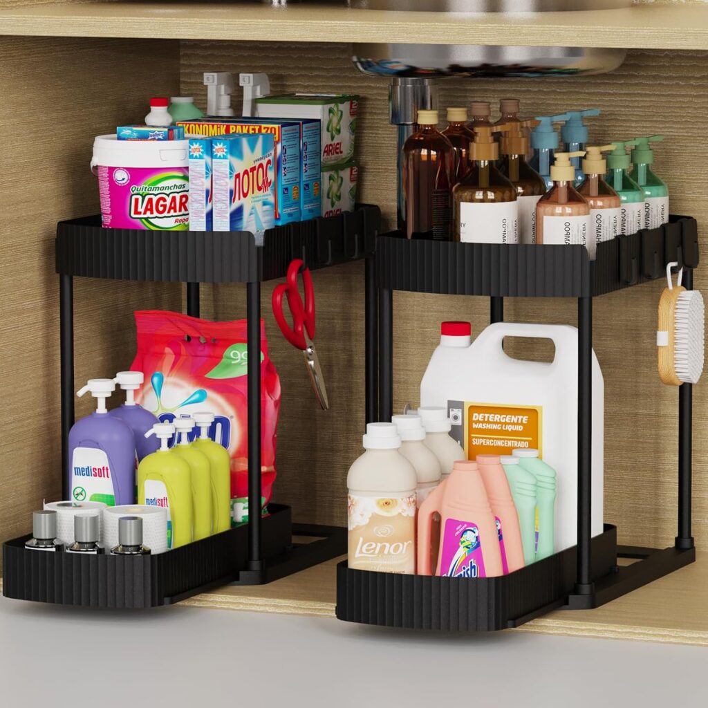 JINAMART Under Sink Organizer – Tidy up cleaning supplies or bathroom essentials with this sleek, dual-level drawer system.