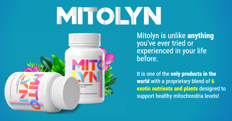 Two colorful Mitolyn supplement bottles surrounded by vibrant tropical flowers and leaves on a bright blue background, with bold white and yellow text highlighting its unique blend of six exotic nutrients and plants designed to support healthy mitochondria.